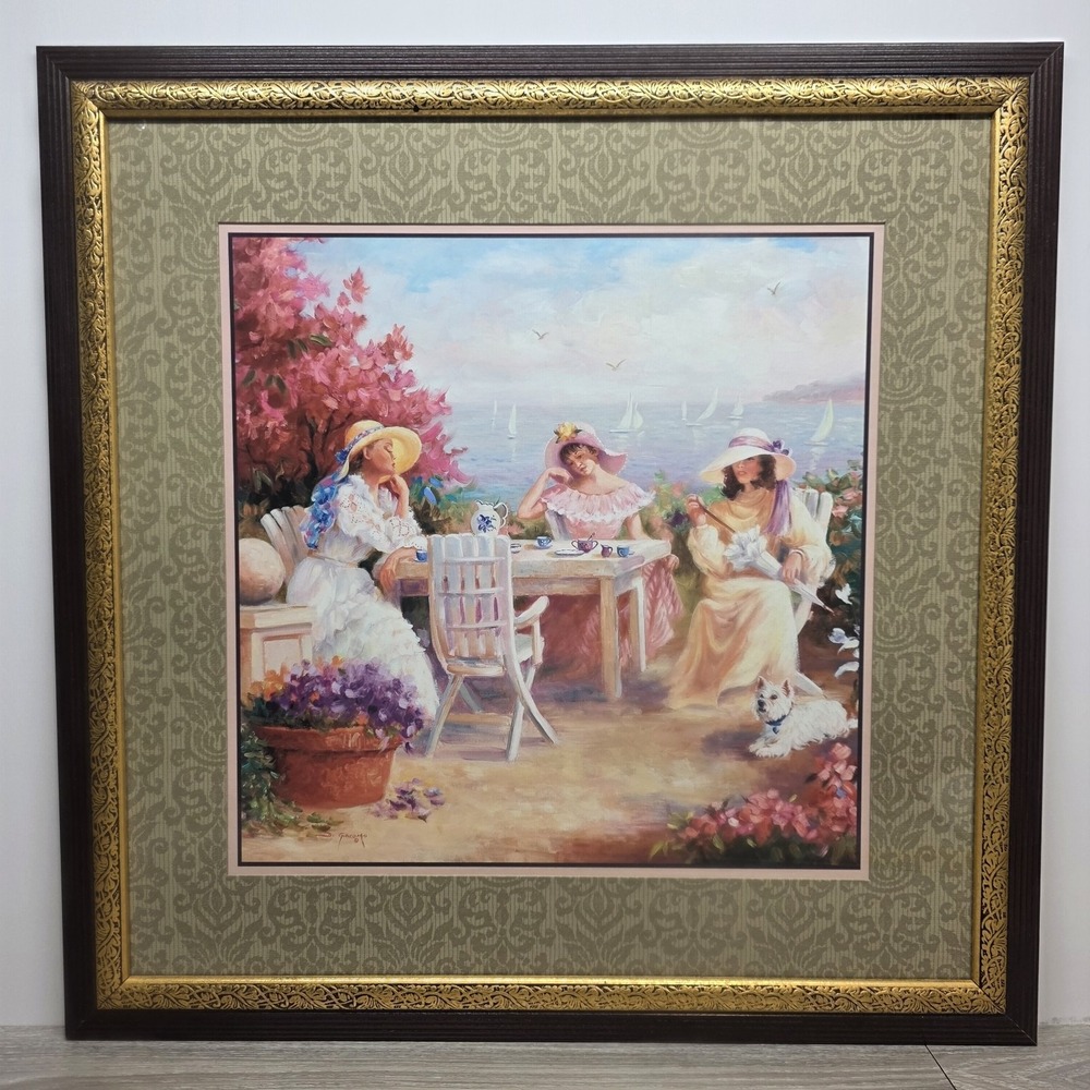 Vintage VICTORIAN LADIES TEA BY SEASHORE PICTURE - Framed And Matted - 27" X 27"